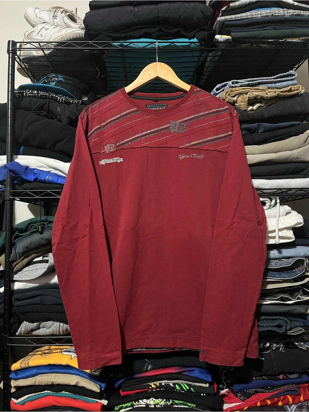 Point Zero Men’s Long Sleeve Crewneck Shirt - Burgundy with Gray Accents